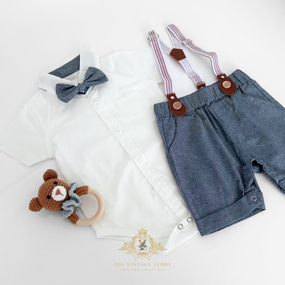NWT Handsome Boys Oxford Button Down Onesie One-Piece Shorts Matching Ser 18-24M - Picture 2 of 2